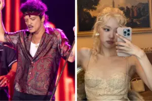 Os cantores Bruno Mars e Rose, do BLACKPINK