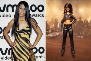 Aaliyah em evento em 2000; boneca lançada pela Mattel