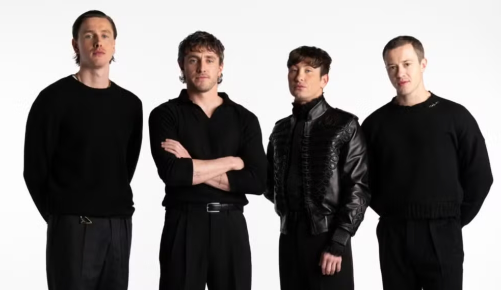 Elenco de filmes dos Beatles: Harris Dickinson (John Lennon), Paul Mescal (Paul McCartney), Barry Keoghan (Ringo Starr) e Joseph Quinn (George Harrison) — (Reprodução/Sony Pictures)
