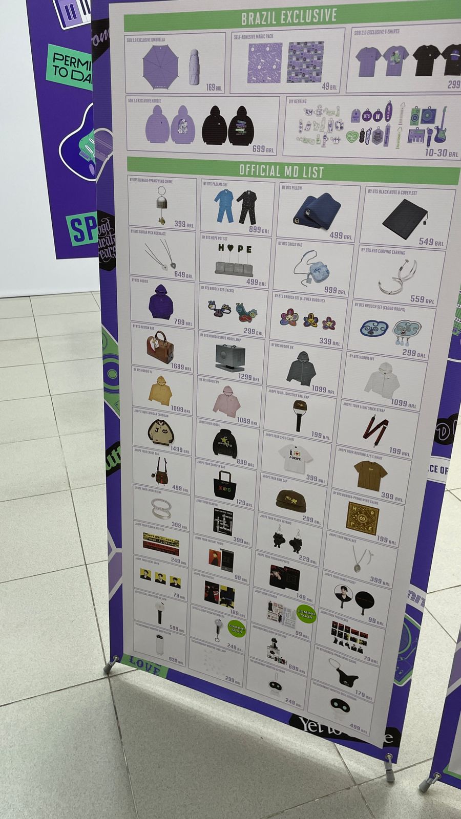 Preços dos produtos oficiais do BTS da loja em São Paulo