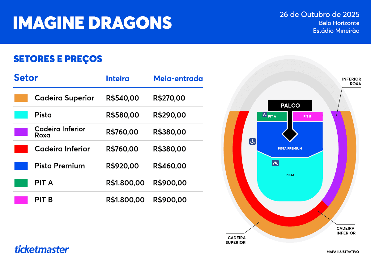 Mapa de setores e ingressos do show do Imagine Dragons em Belo Horizonte