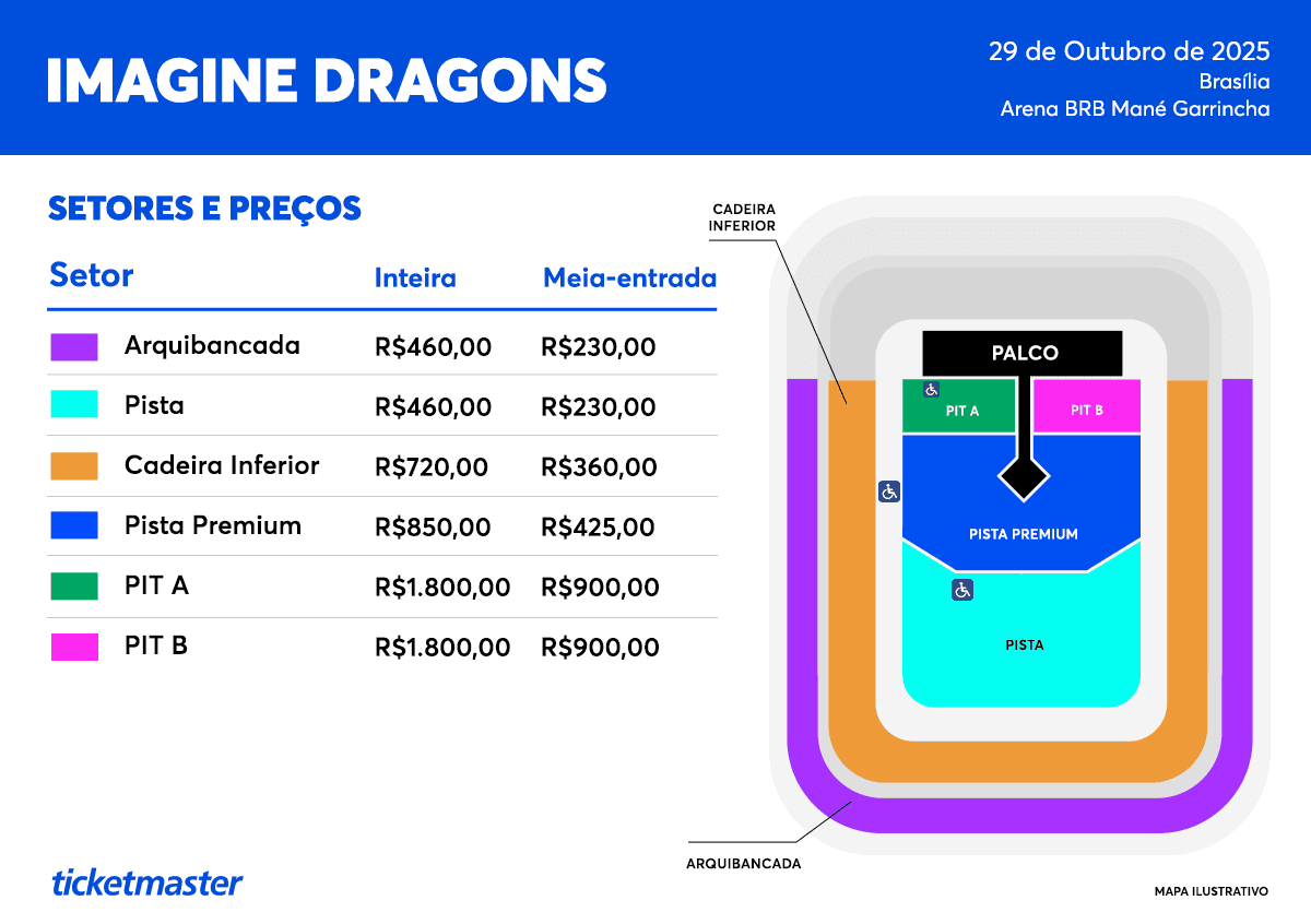 Mapa de setores e ingressos do show do Imagine Dragons em Brasília