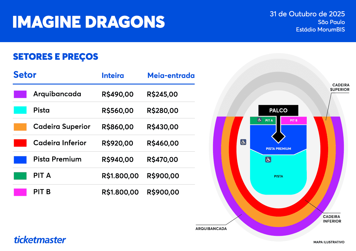 Mapa de setores e ingressos do show do Imagine Dragons em São Paulo