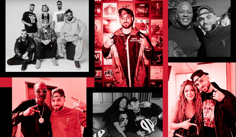 Da esquerda para a direita: o ícone Dr. Dre ao lado de Papatinho; Shakira, que ganhou uma versão funk de “Estoy Aquí” do produtor; IZA e Papatinho em estúdio; Abaixo: Snoop Dogg, dono da voz da tag nas músicas do Papatinho; a ConeCrew Diretoria, grupo que transformou Tiago em Papapatinho; Mano Brown e Papatinho em estúdio. (Arquivo pessoal)