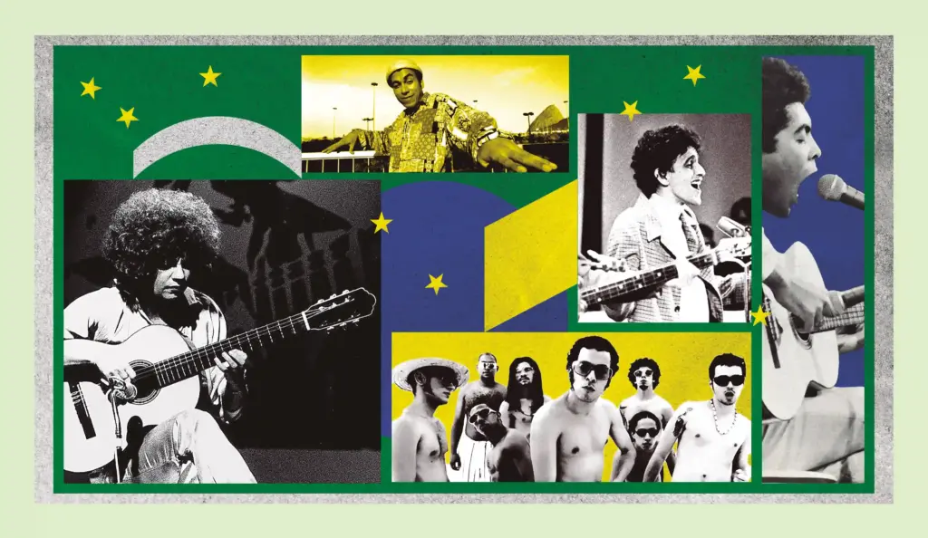 Da dir. para a esq.: Rosinha de Valença; Chico Science e Nação Zumbi, Caetano Veloso e Gilberto Gil (Arte: Eduardo Pignata)