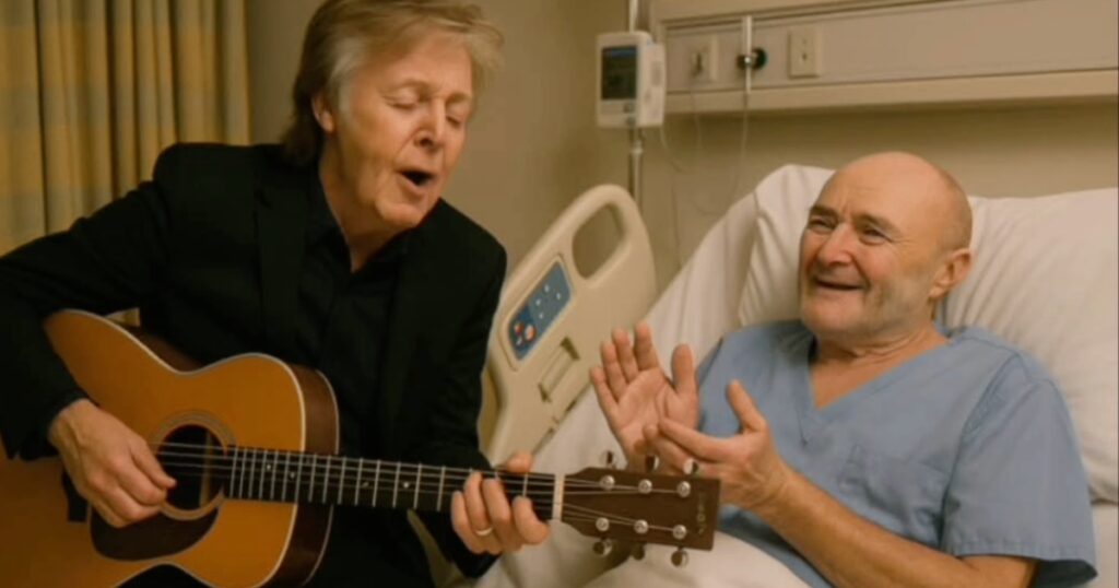 Por quê 'encontro' tosco de Paul McCartney com Phil Collins viralizou? 1 Fake news de IA simula Paul McCartney visitando e Phill Collins no hospital