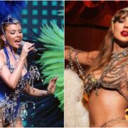 Kylie Minogue durante turnê 'Showgirl' em 2005 e foto de divulgação do novo álbum de Taylor Swift