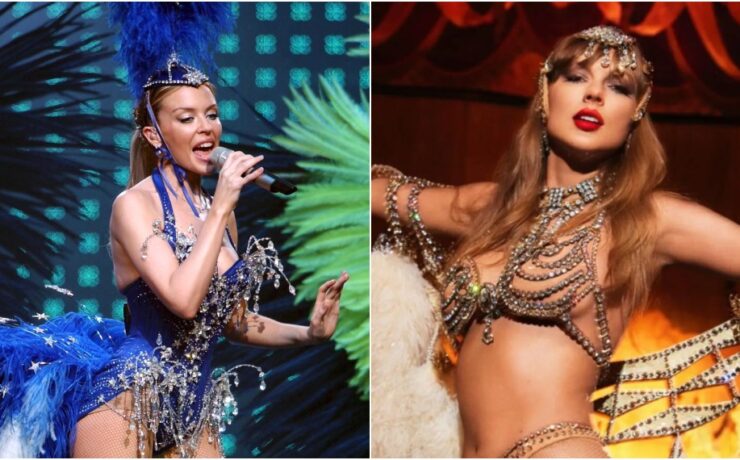 Kylie Minogue durante turnê 'Showgirl' em 2005 e foto de divulgação do novo álbum de Taylor Swift