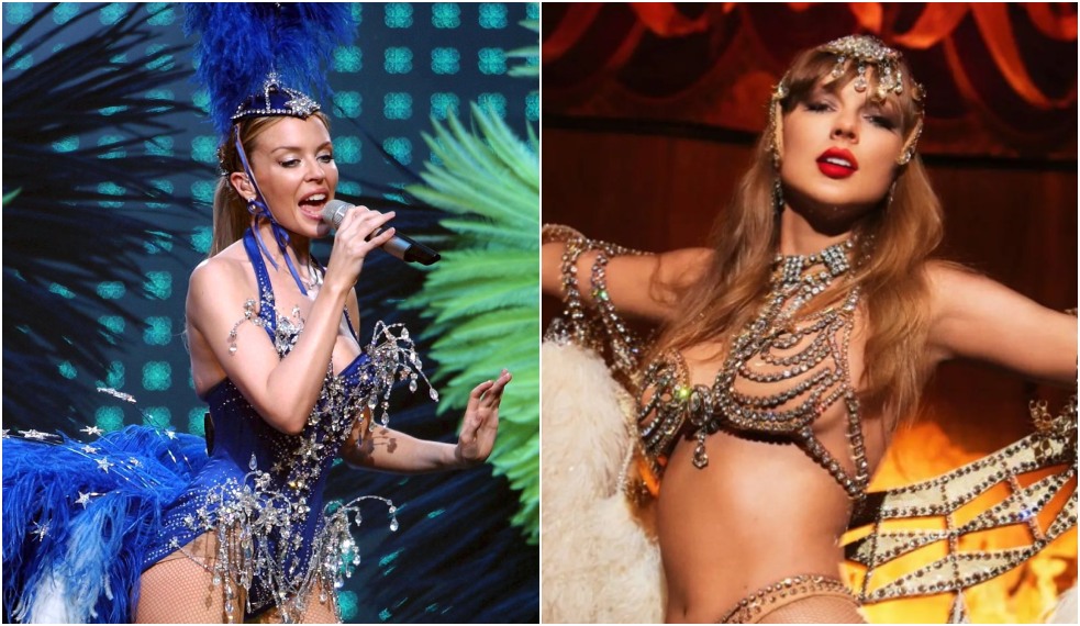 Kylie Minogue durante turnê 'Showgirl' em 2005 e foto de divulgação do novo álbum de Taylor Swift