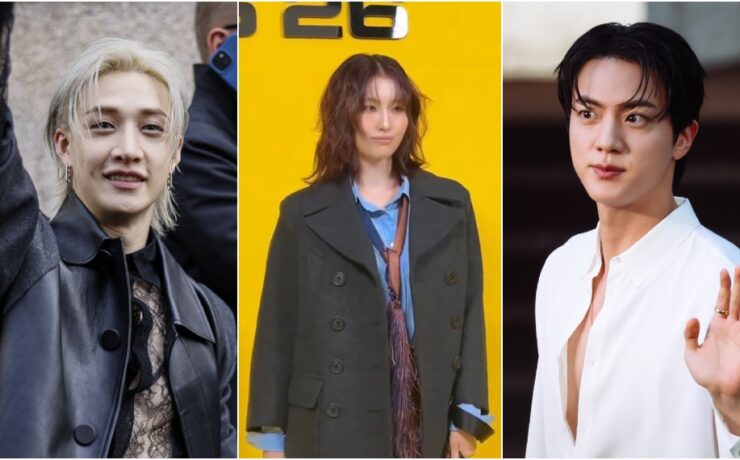 Bang Chan (Stray Kids), Momo (TWICE) e Jin (BTS)