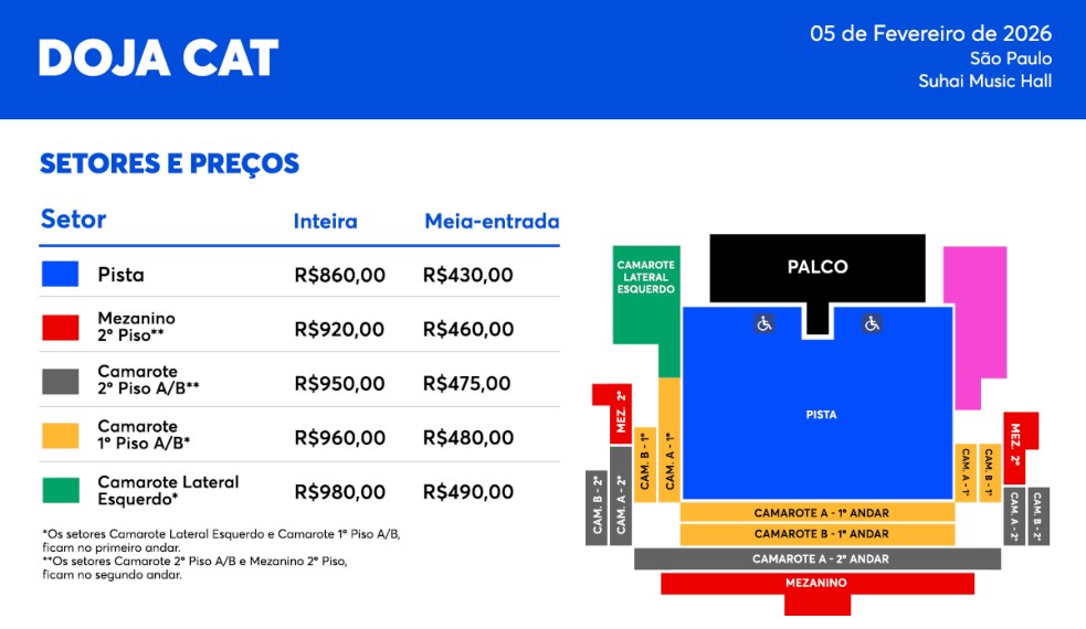 Mapa de setores e preços do show de Doja Cat em São Paulo