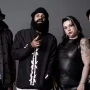 O rapper Vandal com os membros do BaianaSystem, Russo Passapusso, Claudia Manzo e Roberto Barrreto (Divulgação/ Bob Wolfenson)