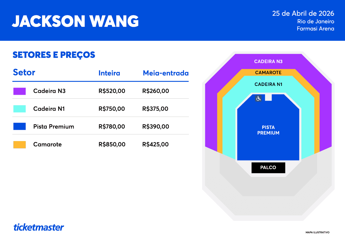 Mapa de setores e preços do show de Jackson Wang no Rio