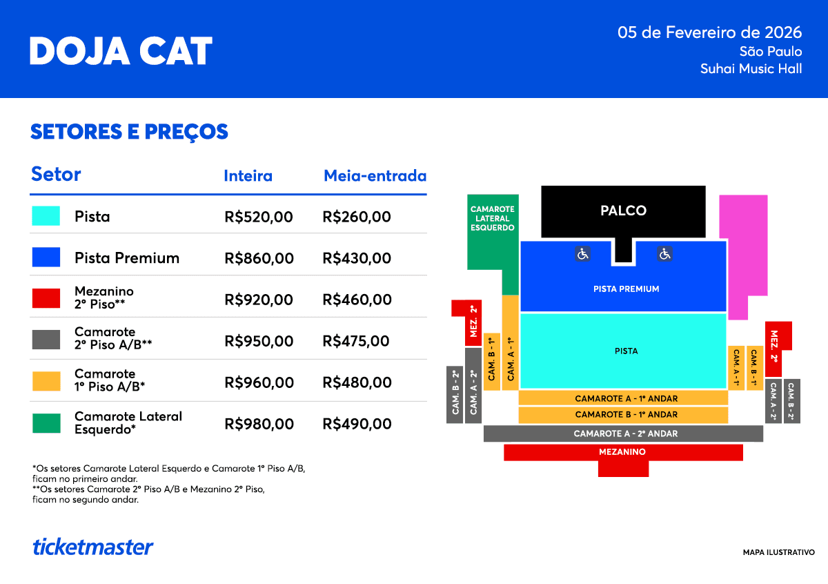 Mapa de setores e preços do show de Doja Cat em São Paulo