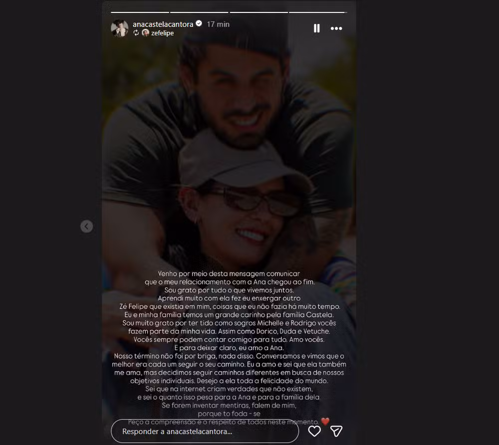 Ana Castela e Zé Felipe anunciam fim de namoro