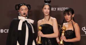 Globo de Ouro 2026: Audrey Nuna, EJAE e Rei Am, do filme "Guerreiras do K-Pop"