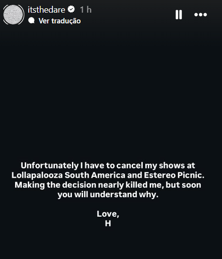 Lollapalooza Brasil sofre 3ª baixa com cancelamento de The Dare 2 Story publicado por The Dare no Instagram (reprodução)
