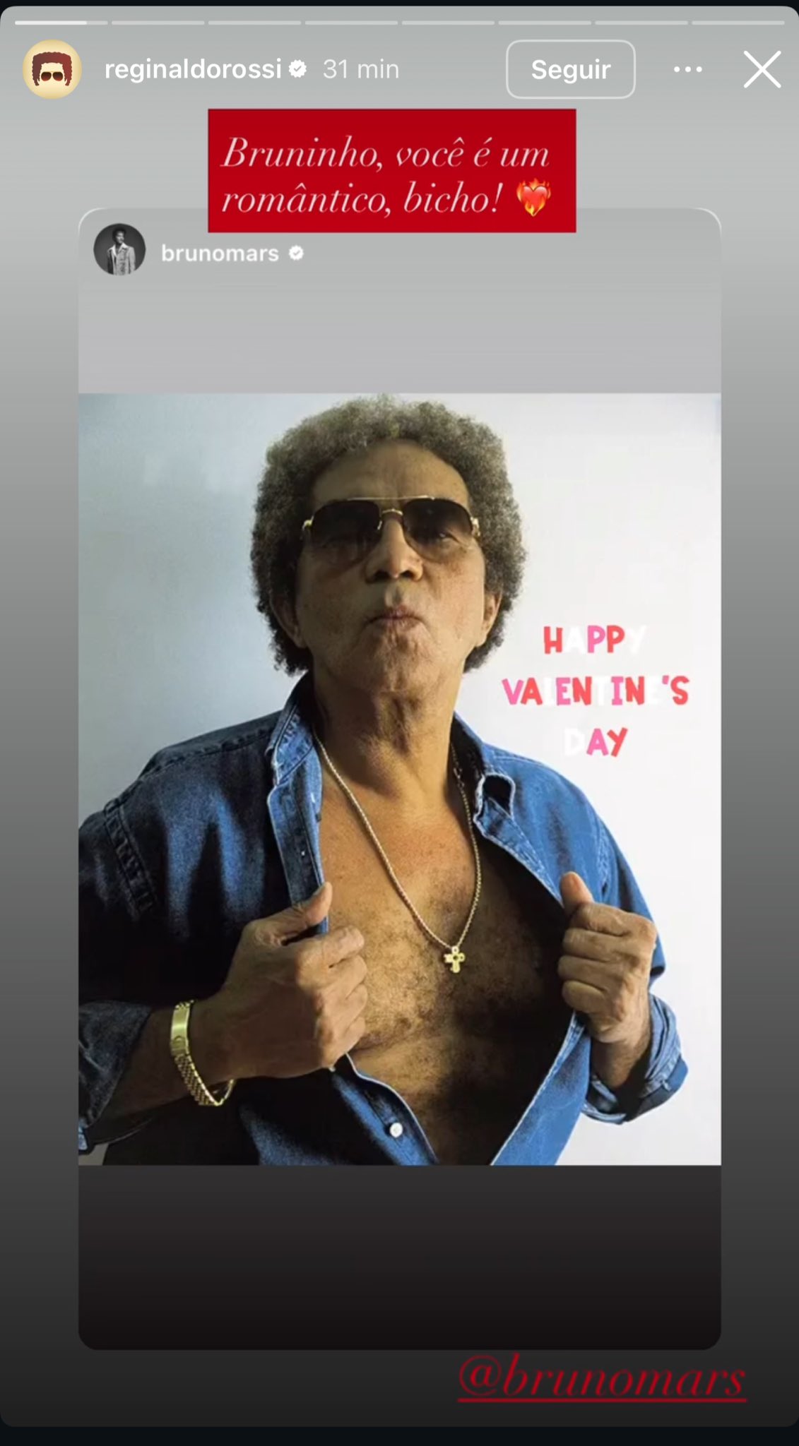 Bruno Mars posta Reginaldo Rossi no Instagram para celebrar Valentine’s Day 3 Perfil oficial de Reginaldo Rossi reposta homenagem de Bruno Mars (Reprodução Instagram)