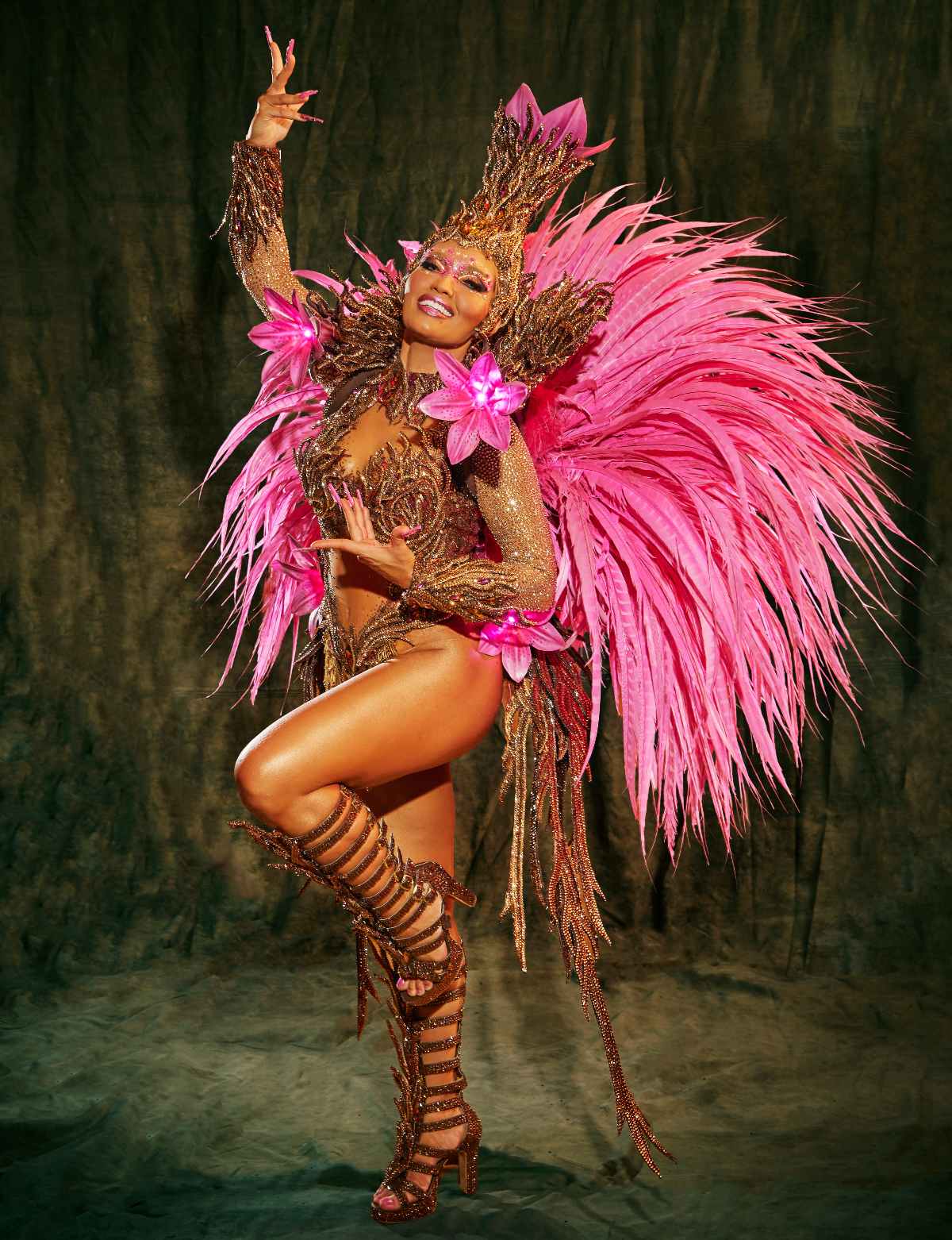 Karinah e a fantasia com que desfila na Mangueira neste domingo (Guto Costa/Divulgação)