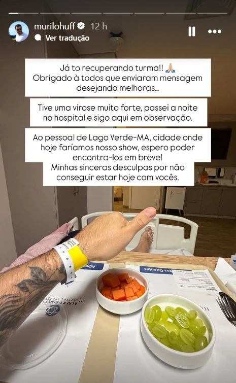 Murilo Huff é internado e cancela show no Maranhão; entenda 2 Murilo Huff posta stories e comenta estado de saúde (reprodução Instagram)