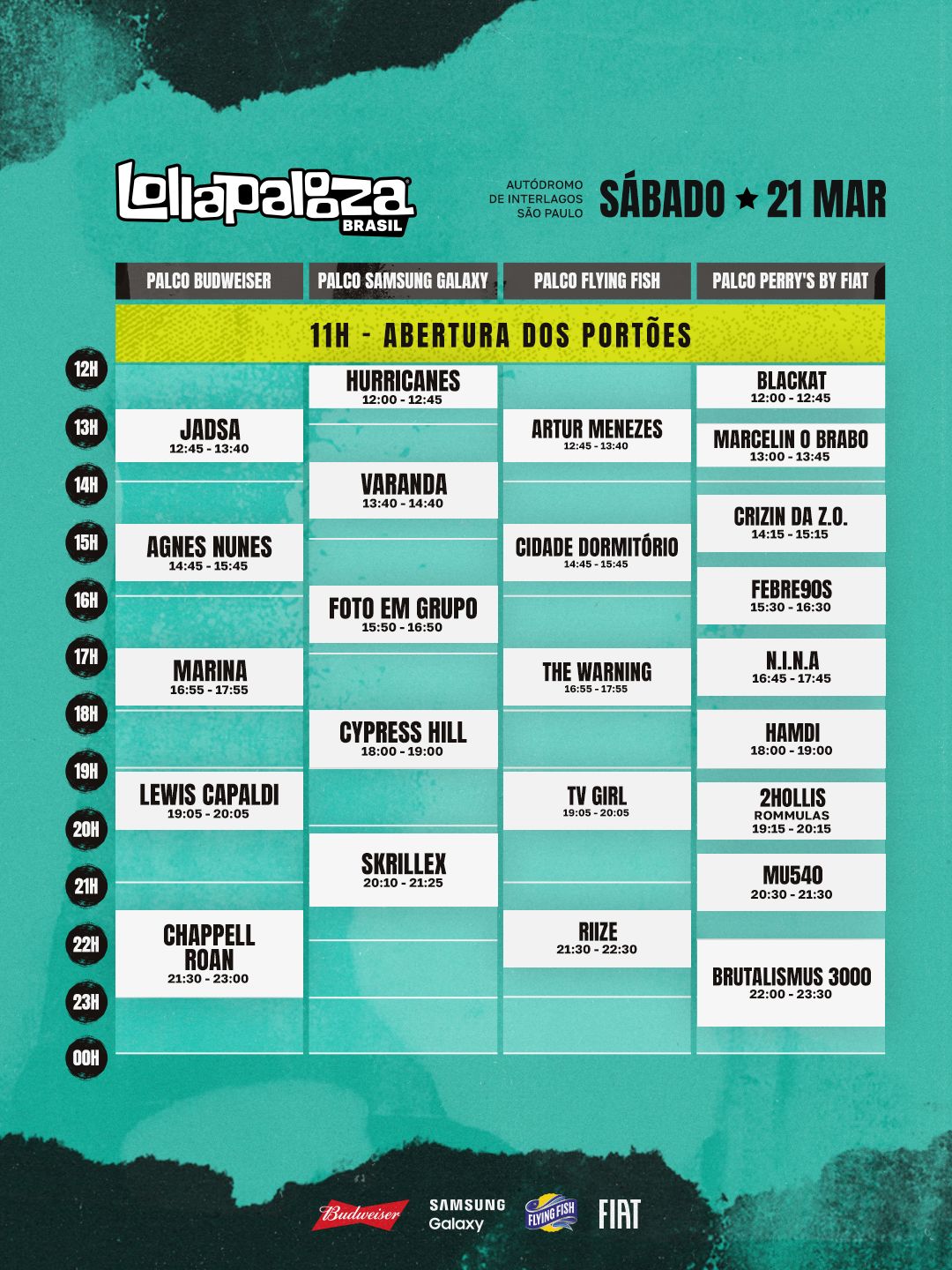 Lollapalooza Brasil 2026: veja os horários dos shows por palco 3 Horários dos shows por palco no Lollapalooza Brasil 2026 no sábado