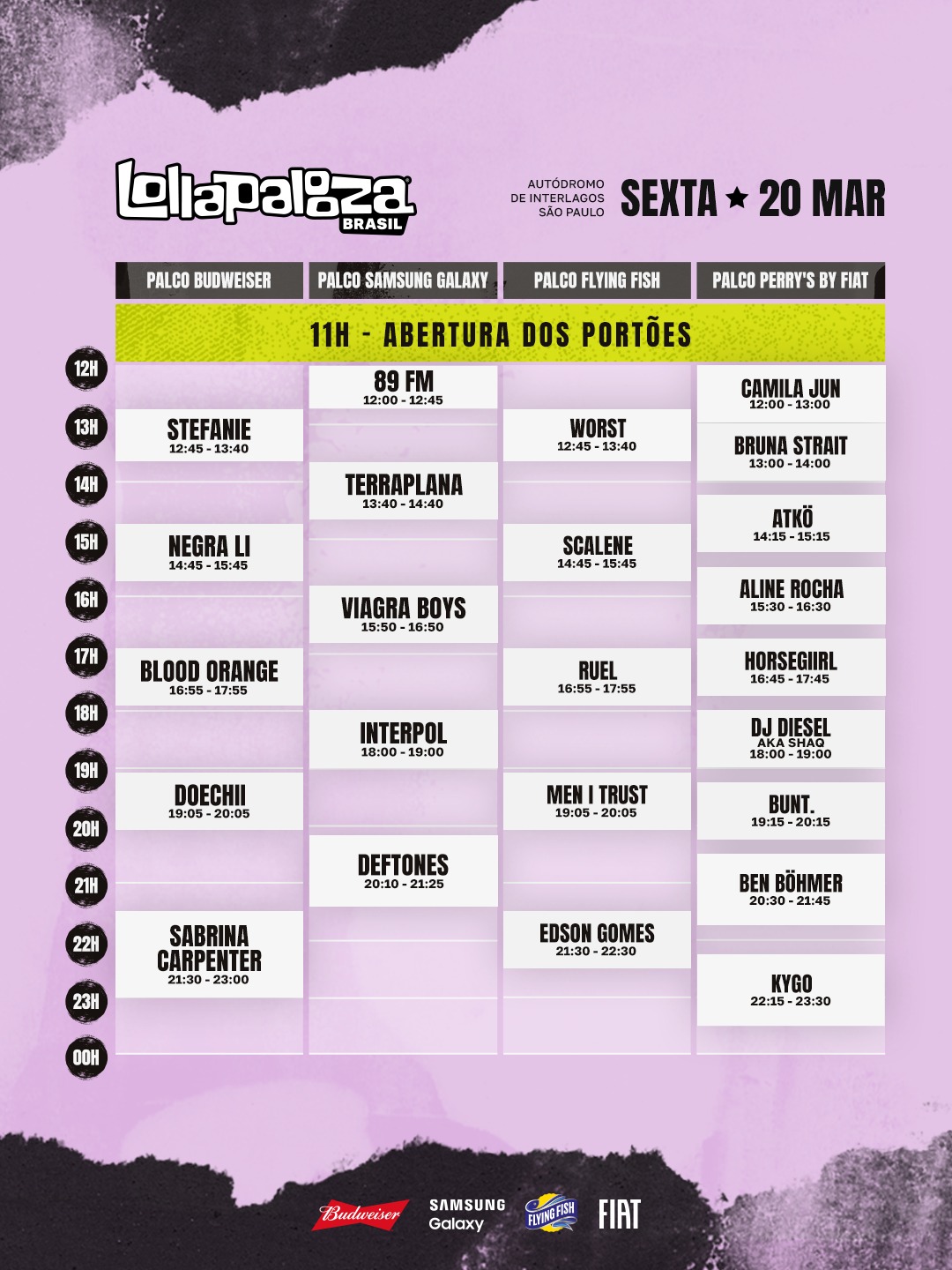 Lollapalooza Brasil 2026: veja os horários dos shows por palco 2 Horários dos shows por palco no Lollapalooza Brasil 2026 na sexta-feira