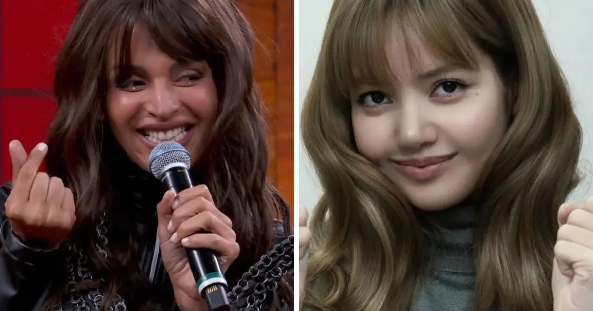 Gabriela Loran no Domingão com Huck (reprodução X) e Lisa, do BLACKPINK (divulgação)