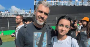 Amauruy pavão filho, 44, gerente de atendimento, e Laura pavão, 13, estudante, no Lollapalooza 2026. Crédito: Vitória Zane