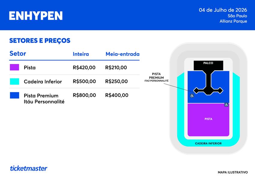 Mapa de setores e preços do show do ENHYPEN no Brasil