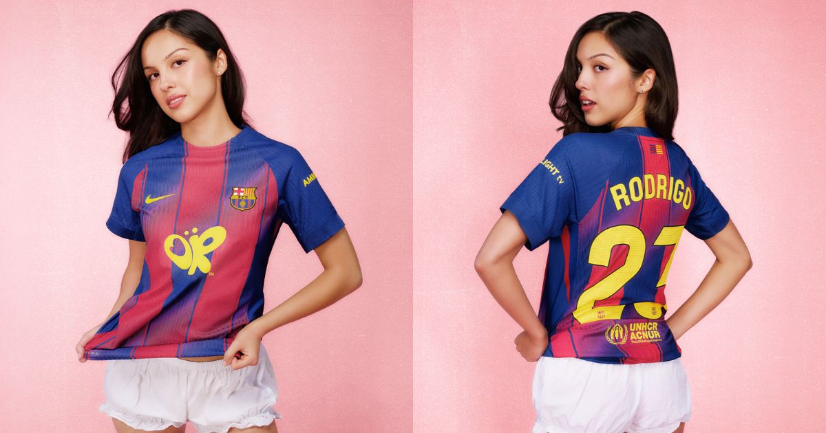 Olivia Rodrigo com camisa especial do Barcelona em ação do Spotify