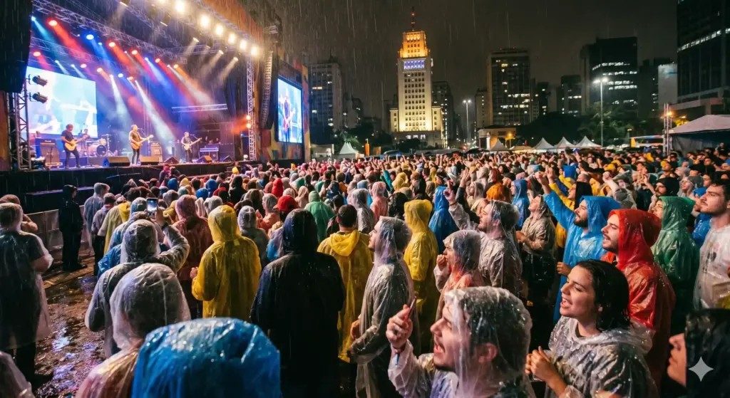 Imagem de IA simula publico de show com capa de chuva