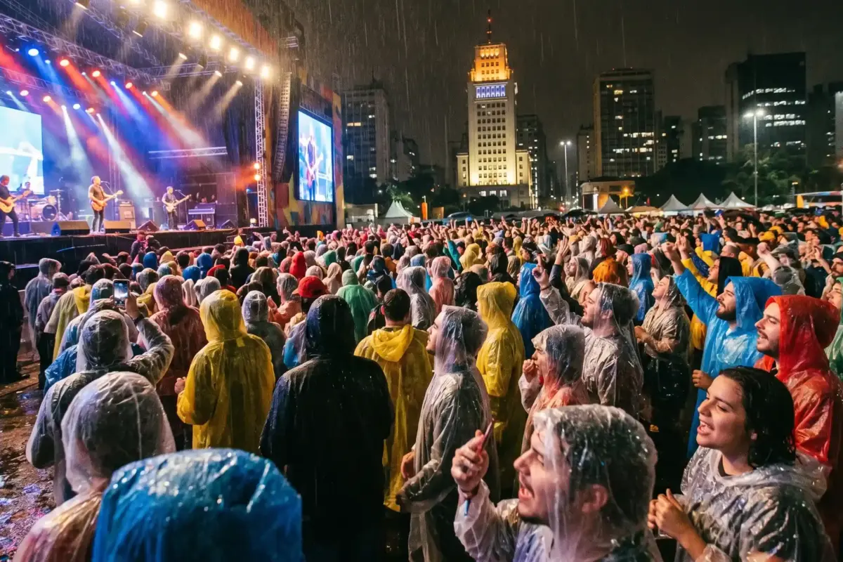 Imagem de IA simula publico de show com capa de chuva