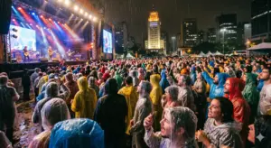 Imagem de IA simula publico de show com capa de chuva