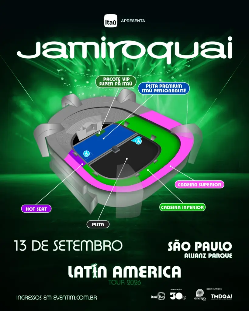 Mapa do show do Jamiroquai em São Paulo, que acontece dia 13 de setembro de 2026 no Allianz Parque (reprodução)