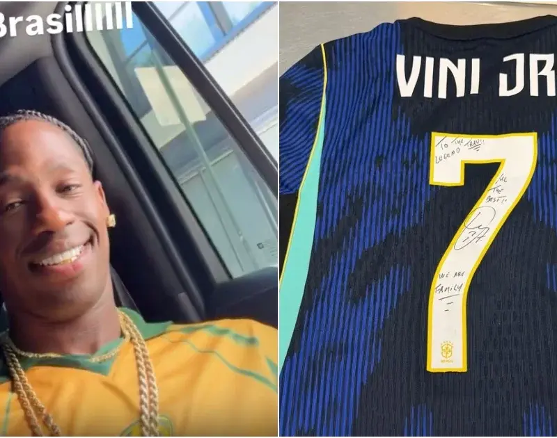 Travis Scott ganha camisa autografada por Vini Jr. e celebra presente