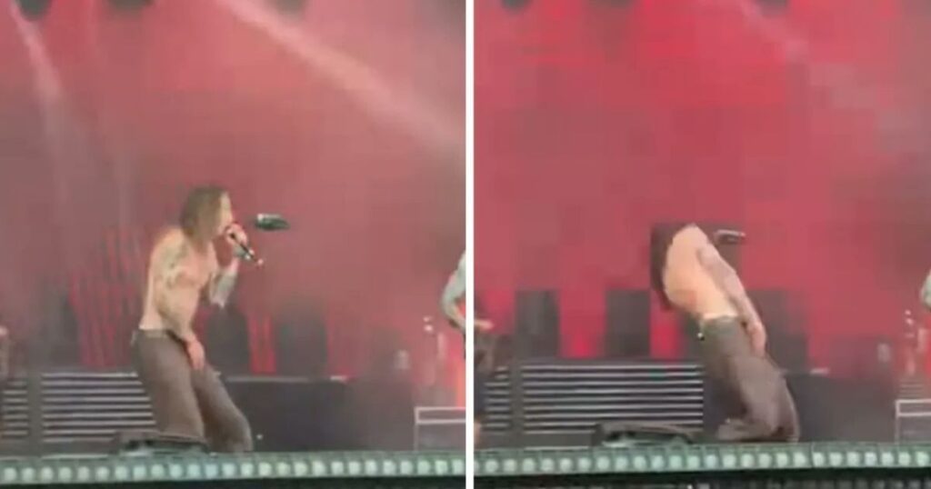 Garrett Russell do Silent Planet sendo atingido por um drone durante show no festival Summer Punch. (Reprodução YouTube)
