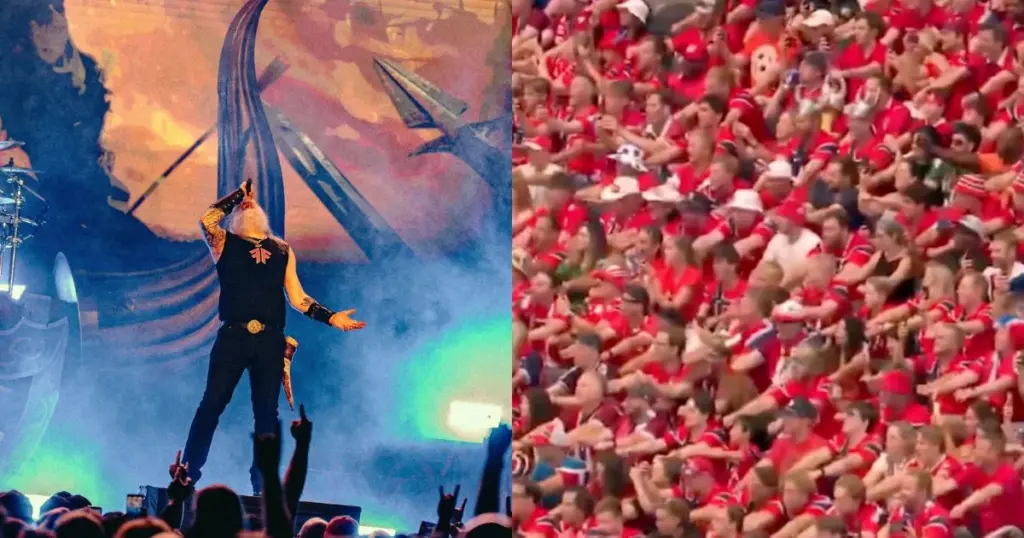 Amon Amarth e torcida da Noruega fazendo a remada viking (reprodução Instagram @amonamarth e @erling)