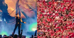 Amon Amarth e torcida da Noruega fazendo a remada viking (reprodução Instagram @amonamarth e @erling)