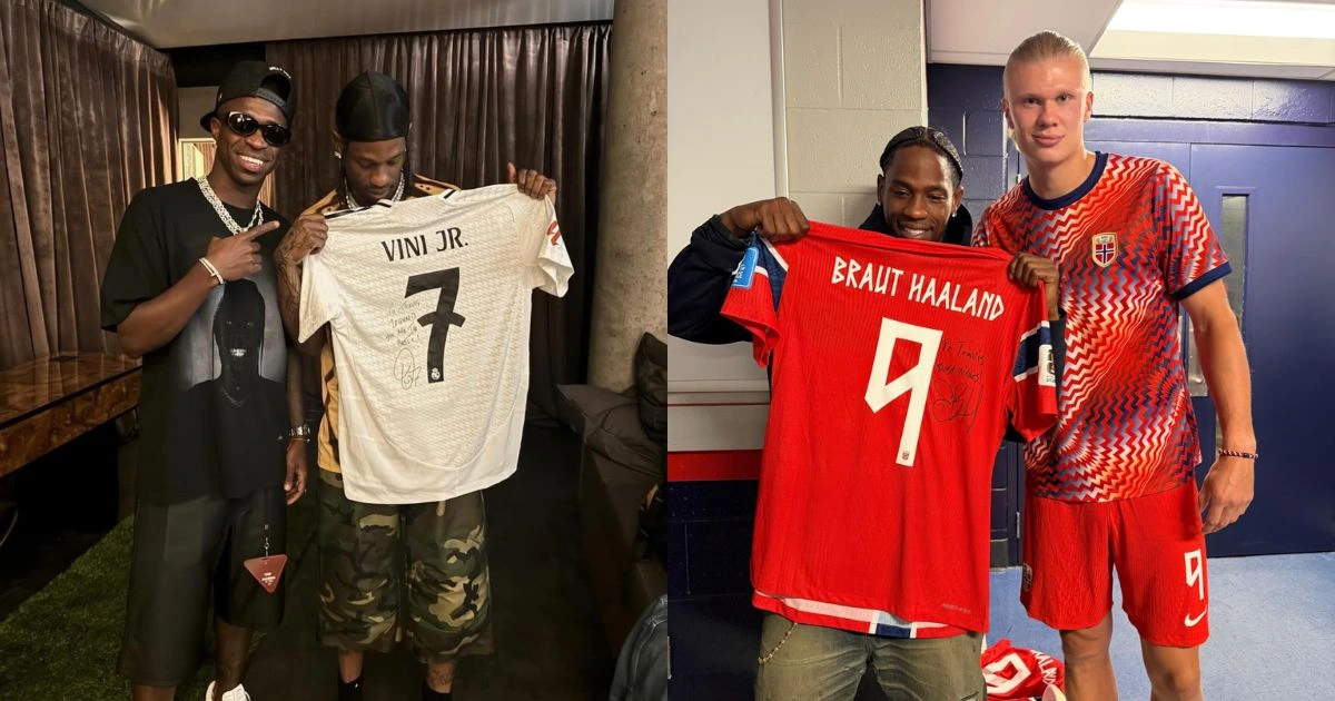 Travis Scott posa com Vini Jr e com Haaland (reprodução X)