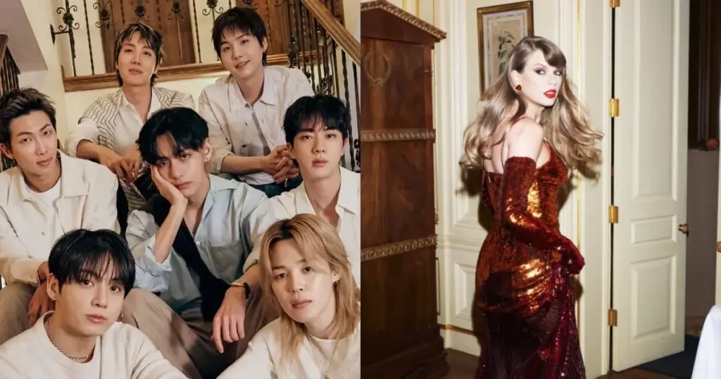 BTS e Taylor Swift são os únicos internacionais entre mais ouvidos no Brasil 1 BTS e Taylor Swift (divulgação)