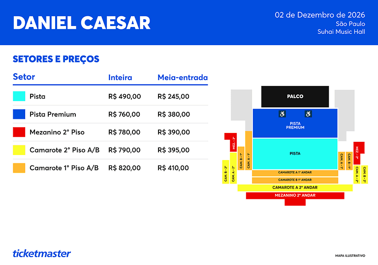 Daniel Caesar anuncia show em São Paulo; veja os preços 2 Mapa de preços e setores do show de Daniel Caesar em São Paulo