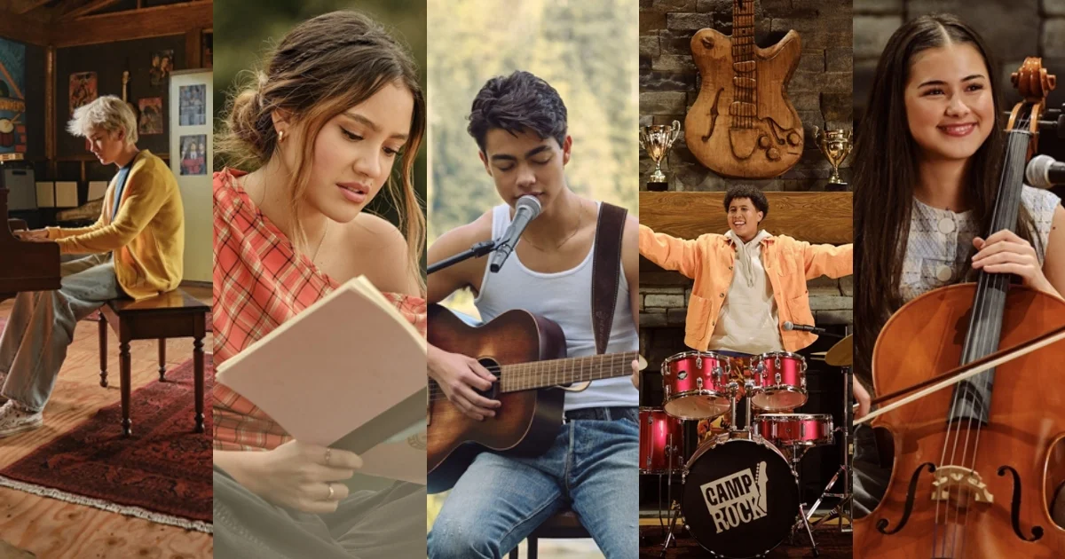 Hudson Stone, Liamani Segura, Malachi Barton, Casey Trotter e Lumi Pollack no elenco de "Camp Rock 3"(divulgação)