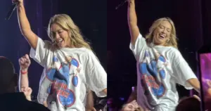 Hilary Duff usando uma camiseta com a foto do ex-namorado, Aaron Carter (Reprodução/X)