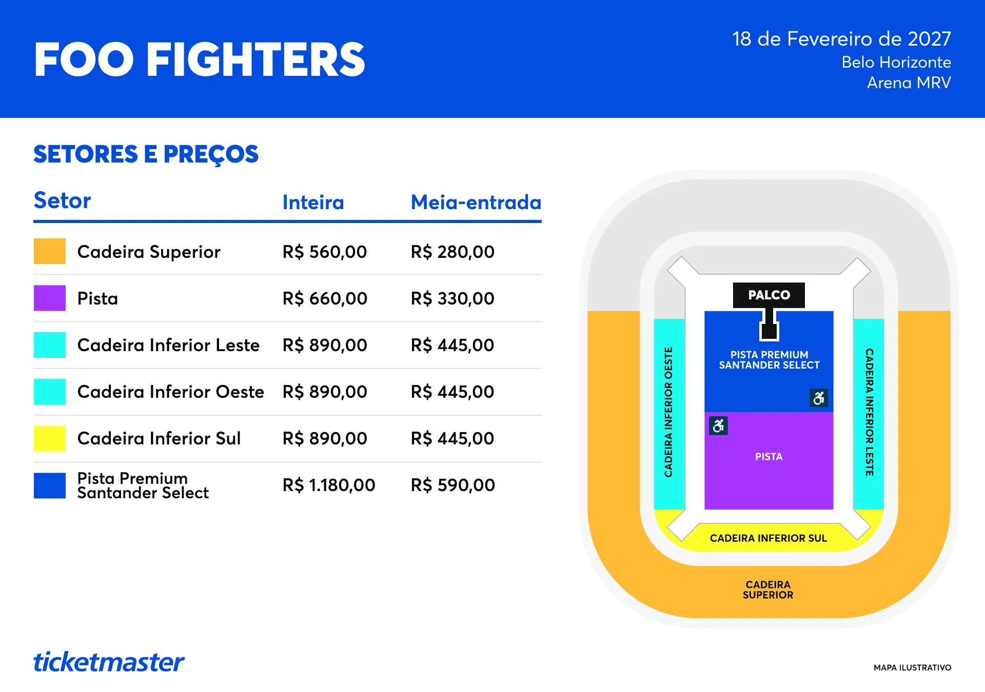 Preços e setores do show do Foo Fighters em BH em 2027