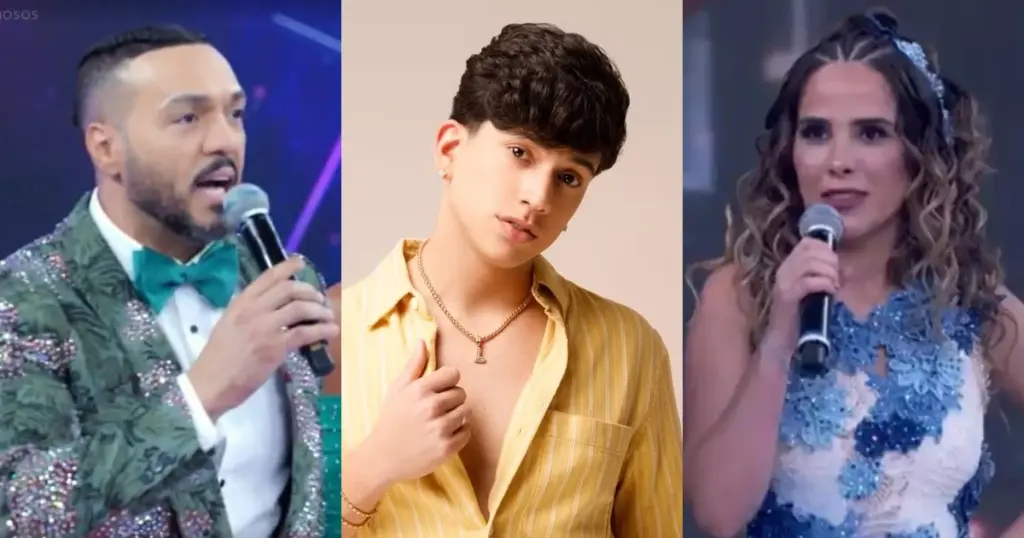 Léo Foguete na 'Dança dos Famosos': relembre 10 cantores que participaram 1 Léo Foguete (centro) foi confirmado no 'Dança dos Famosos': Belo e Wanessa também já participaram (Reprodução)