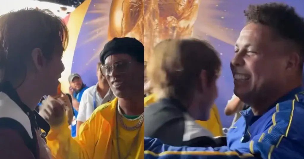 Taehyung, do BTS, é surpreendido por elogio de Ronaldo Fenômeno 1 Taehyung, do BTS e Ronaldo Fenômeno e Ronaldinho Gaúcho na Copa do Mundo 2026 (Reprodução/X)