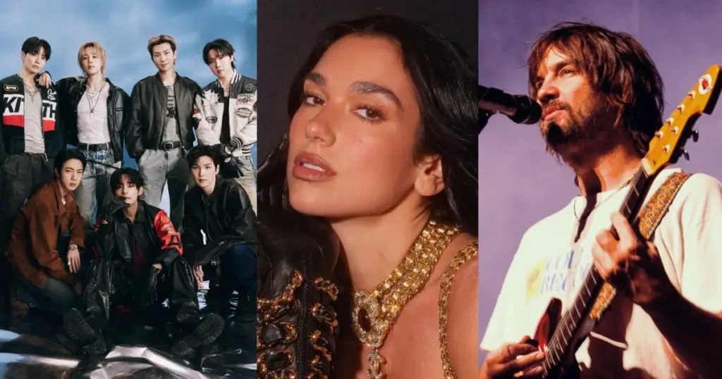 BTS, Dua Lipa e Tame Impala ( Reprodução/ Instagram, X e Colt Grice)