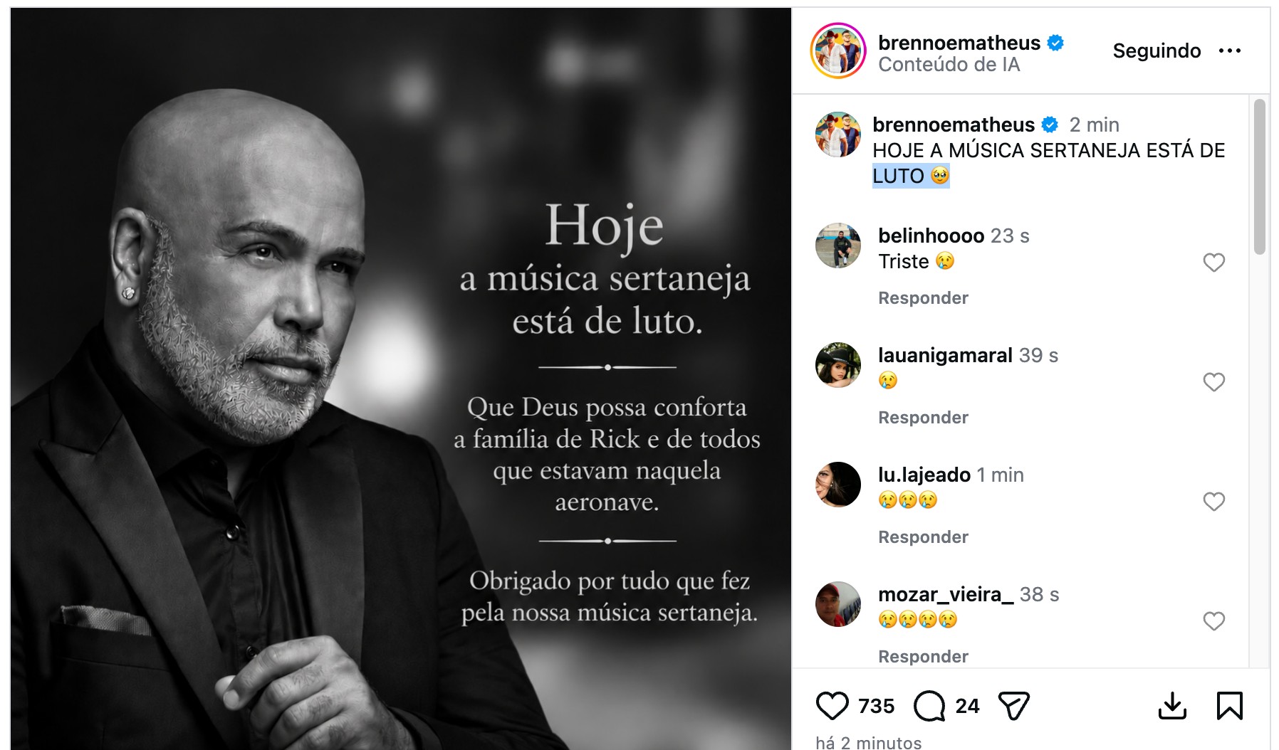 Famosos homenageiam Rick, da dupla com Renner